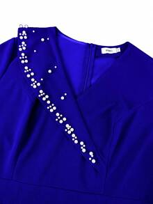 AOMEI Elegant Plus Size Cocktail Dress With V Neck Long Sleeves And Pearl Asymmetrical Ruffle Midi Design For Women Classy Evening Wear - 藍色 - 查看 5