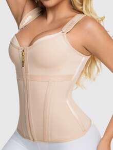 1Pc Women Breast Shaping Slimming Body Shaper ,With Double Layer Tight Waist Trainer,Tummy Control Body Shaper Vest With Bra,Body Shaperwear Tops,Zipper And Hooks Corset ,Suitable For Various Occasions - Khaki - View 3