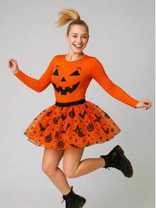 Disfraz de Halloween con caras de calabaza y falda short de malla trasparente para fiesta mujer dama sexy. Conjunto de Body y falda short diseño estampado de murciélagos, calabazas, fantasmas, esqueletos y brujas. Festividad Noviembre Día de Muertos Disfraces Cosplay - Naranja - Ver 5