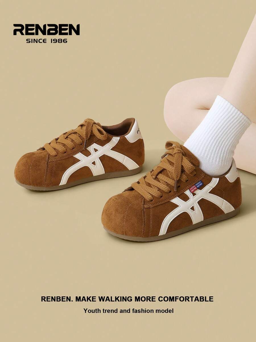 RENBEN 1 Paar Damen Retro Stil Schnürschu he, Beige & Farbblock, Neuheiten Herbst/Winter 2025, versteckter Keilabsatz, leichte weiche Sohle, sportliches Design, geeignet für Studenten und Rennen