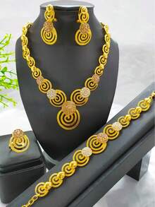 4pcs Fashionable Women's Gold-Plated Spiral Rhinestone Jewelry Set: Necklace, Earrings, Bracelet, Ring. Suitable For European, African, Middle Eastern, Dubai Bride, Wedding, Party Dress, Halloween, Christmas, New Year, Birthday, Holiday Gift, Daily Wear.