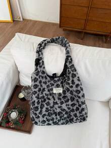 豹纹毛绒女托特包2025秋季新品通勤校园风大容量单肩包毛绒包无挂件 - 灰色 - 查看 6