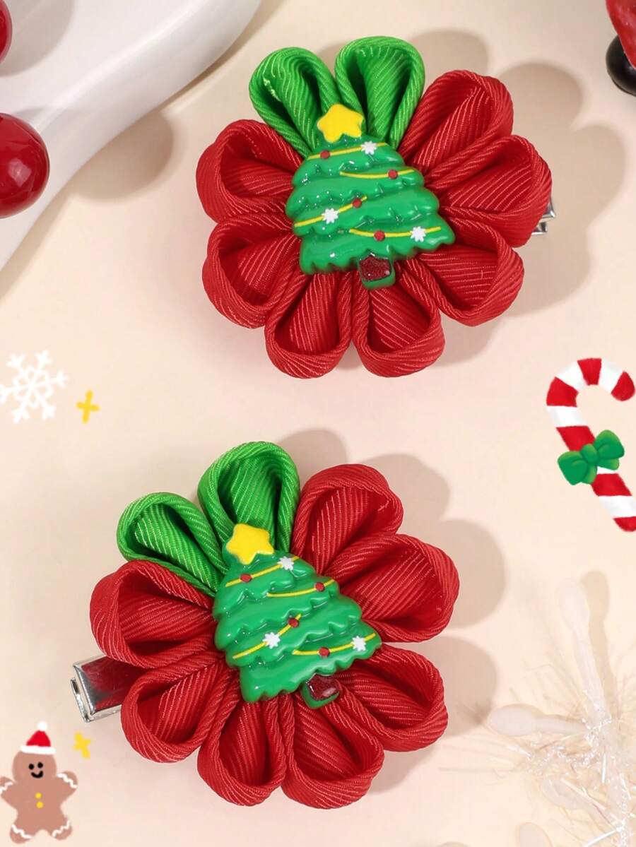 2pcs Girls Christmas Flower Hair Clips, Cartoon Christmas Tree & Bell & Santa Claus Accessory Decor Flower Clips, Classic Christmas Color Satin Ribbon Flower Hair Clips, Cute Festive Hair Accessories For Toddlers/Kids, Perfect For Christmas Parties, Holiday Gatherings, Winter Outfits & Family Photos, Adorable Xmas-Style Flower Hair Ornaments