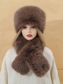 New Classic Faux Fur Soft Fluffy Outdoor Cold-Proof Casual Warm Solid Color Hat And Scarf Set, Autumn/Winter