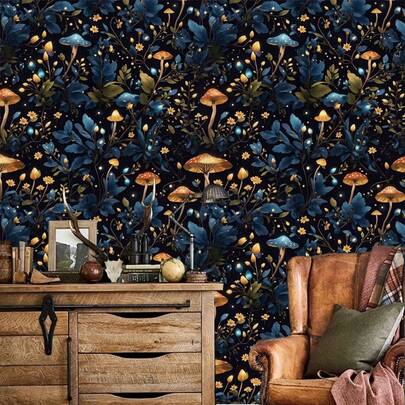 1 pièce Papier peint autocollant à motif de champignons - Design de forêt fantaisiste, champignons et feuilles vibrants, matériau de haute qualité pour les murs et les meubles de la chambre, motif sans couture, décoration de chambre de rêve, esthétique de conte de fées