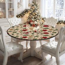 1/36pcs Christmas Round Tablecloth, Elastic Edged Polyester Holiday Tablecloth Decorated With Vibrant Christmas Red And Holly Patterns, Smooth Texture, Suitable For Christmas Parties, Indoor/Outdoor Dining Decor, Christmas Tablecloth, Outdoor Decoration - Multicolor 06 - View 2