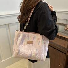 Womens Canvas Tote Bag Zipper Closure Stylish Embroidered Large Capacity Shoulder Bag - Pink - View 2