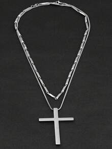 2pcs Cross Necklace For Men, Minimalist Smooth Stainless Steel Pendant Necklace - Melon Seed Chain 2-piece Set - View 2
