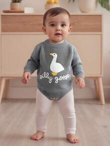 Newborn Infant Cute Goose Letter Embroidery  Romper Jumpsuit Baby Knitted Sweater Long Sleeve Round Neck Rompers Newborn Girl Boy Goose Funny Romper Reveal Pregnancy Announcement Clothes - 藍色 - 查看 1