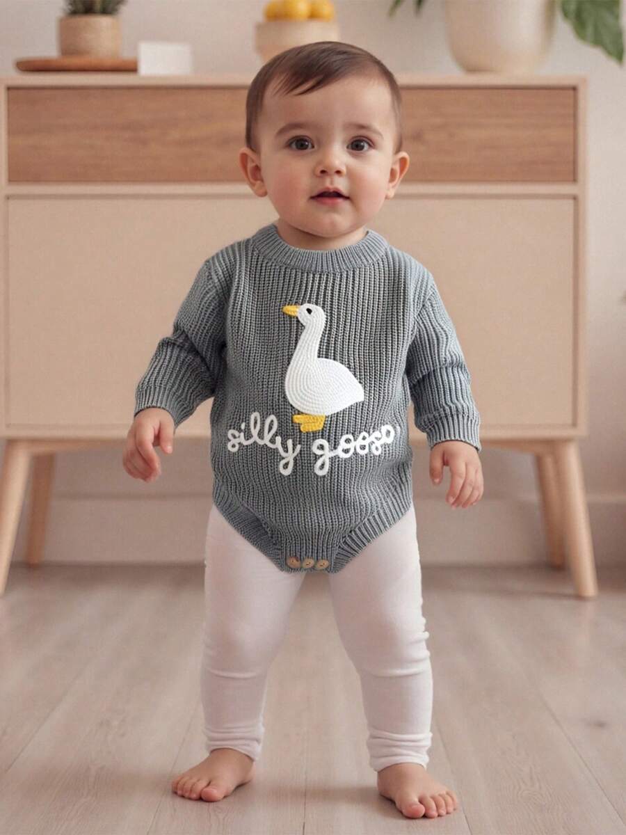 Newborn Infant Cute Goose Letter Embroidery Romper Jumpsuit Baby Knitted Sweater Long Sleeve Round Neck Rompers Newborn Girl Boy Goose Funny Romper Reveal Pregnancy Announcement Clothes - 藍色 - 查看 1