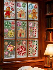 57PCS-57PCS-Adezive pentru fereastră de Crăciun, model nou, cu model de turtă dulce, pentru fereastră, pentru sticlă, față-verso, 3D, Crăciun, bomboane de Crăciun, adezive pentru fereastră, turtă dulce, autocolante cu mentă, pentru decorațiuni de petrecere Candyland, marturii, fereastră, sărbători, decorațiuni de Crăciun, decorațiuni de Crăciun, Crăciun