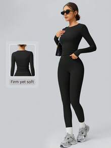 NcmRyu 1 Set Women's Stretchy Tight Cycling, Dance, Fitness, Yoga Activewear Outfit Black Spring - 黑色 - 查看 4