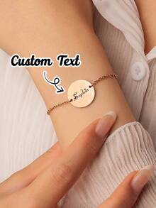 Customized Personalized Bracelet Engraved With Name And Stainless Steel Birth Gift Mom Bridesmaid Gift Classic Stainless Steel Round Coin Bracelet With Pendant Adjustable Women's Calligraphy Letters Handmade Bracelet Commemorate Date With Name Family Jewelry