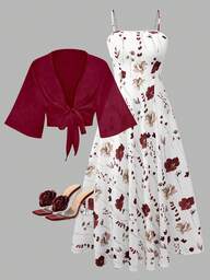 Women's Elegant Ditsy Floral Chiffon Dress With Shawl, 2 Pieces Set
