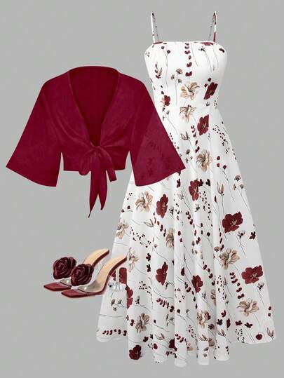 Women's Elegant Ditsy Floral Chiffon Dress With Shawl, 2 Pieces Set