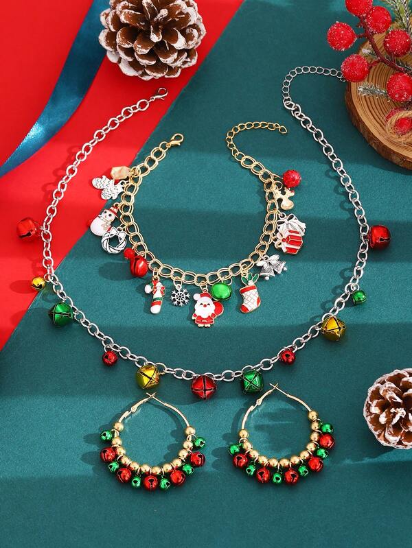 Christmas Colorful Bell, Santa Claus, Snowman Pendant Bracelet Chain Necklace Earrings Jewelry Set, Suitable For Christmas Gifts