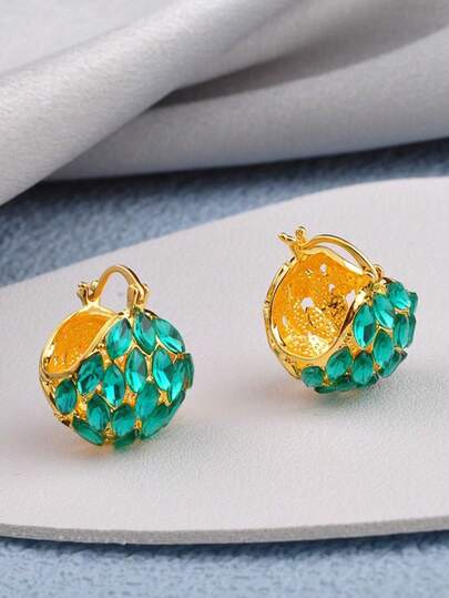 1 Pair Korean Fashion Full Rhinestone Basket Hoop Earrings For Women, Luxury Delicate Unique Design Versatile Earrings, Accessories