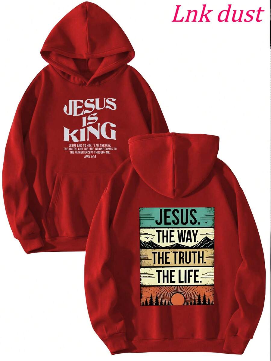 Y2K "Jesus: The Way, Truth, Life – Vintage Faith Hoodie" Print,250g Polyester Men's And Women's Clothing Casual And Cozy Hoodies Leyo, Long Sleeve Hooded Sweatshirt, Casual Versatile Top For Autumn Winter - 紅色 - 查看 1