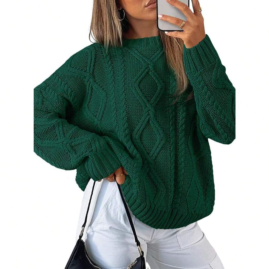 2025  Women's Oversized Cable Knit Crewneck Sweaters - 綠色 - 查看 1