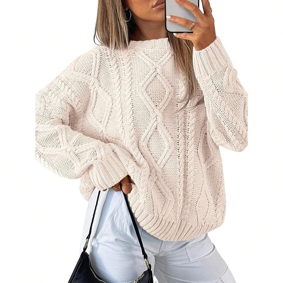 2025  Women's Oversized Cable Knit Crewneck Sweaters - 奶油 - 查看 1