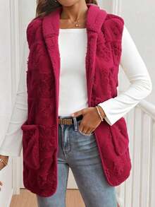 Chaleco Liso para Mujer Chaleco con estampado floral de Borreguita con Bolsillo y Capucha para Dama - Estilo Casual y Acogedor para Invierno. - Rojo - Ver 1