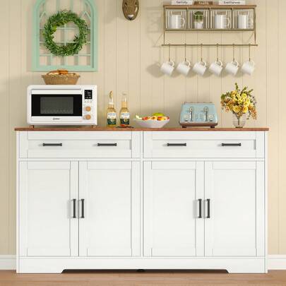 Dressoir met opbergruimte, groot dressoir met 3 lades, rustieke koffiebarkast, houten buffetkast voor keuken, woonkamer, wit