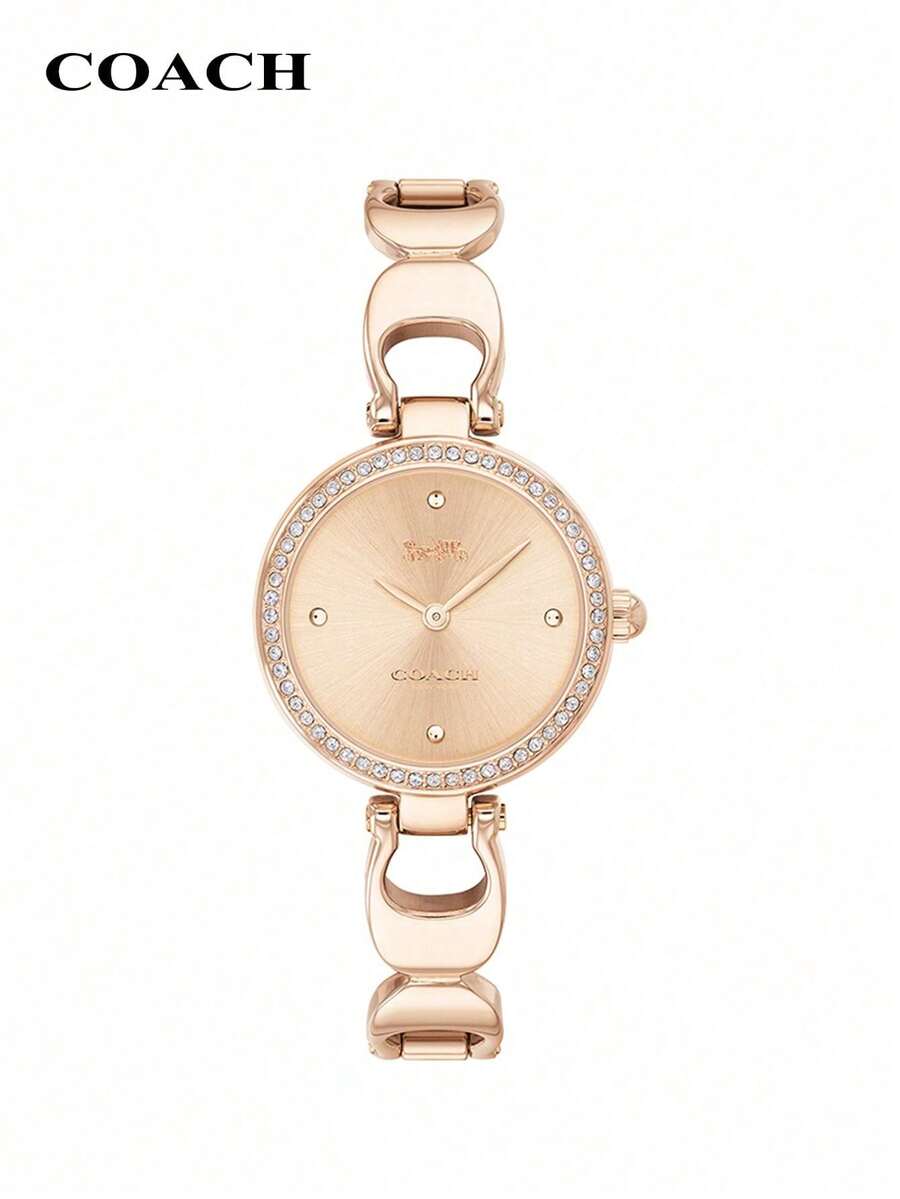 Coach Reloj analógico de cuarzo Park con correa de acero inoxidable en oro rosa para mujer, con detalles de cristal en tono rosa, 26 mm