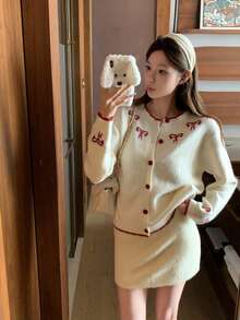 韩式休闲可爱蝴蝶结针织开衫，秋冬款 - 白色 - 查看 1