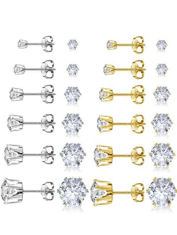 6Pairs Surgical Steel Stud Earrings Set, Silver And 14K Gold Plated Hypoallergenic Earrings Studs Set For Women, Stainless Steel Cubic Zirconia Waterproof Non Tarnish