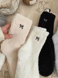 2/4 Pairs Of Women's Floor Socks, Thick Autumn And Winter Socks With Fluffy Bows, Easy Comfort, In Random Colors