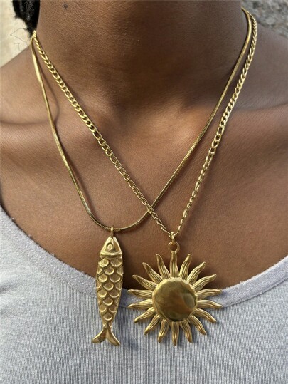 Fashionable Retro Stainless Steel Fish & Sun Pendant Necklace, Exaggerated Jewelry Accessory