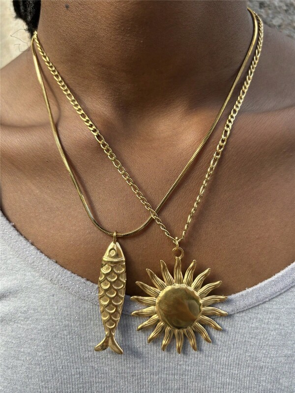 Fashionable Retro Stainless Steel Fish & Sun Pendant Necklace, Exaggerated Jewelry Accessory