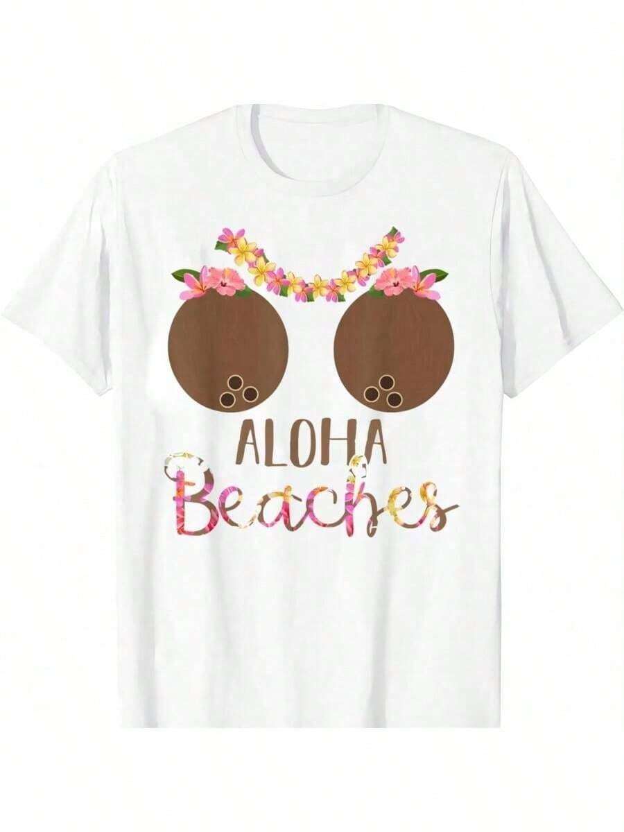 COOL SUMMER Coconut Bra Flower Boobs Hawaii Aloha Beaches Funny T-Shirt Festival Wear Clothes Men Clothing Graphic T Shirts - 白色 - 查看 1