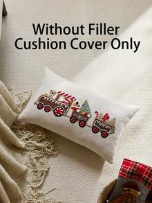 1pc Christmas Gingerbread Man & Christmas Train Embroidered Throw Pillow Cover, Suitable For Indoor Decor, Christmas Decorative Pillow Case, Pillow Insert Not Included