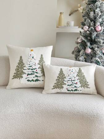 1pc Christmas Pine Tree Burlap Embroidered Throw Pillow Cover, Home Decor Suitable For Living Room, Bedroom, Party And Various Environments, Autumn/Winter