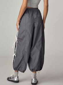 Women's Parachute Pants Elastic High Waist Full Twist Mountaineering Bib Pants Trousers - 深灰色 - 查看 2