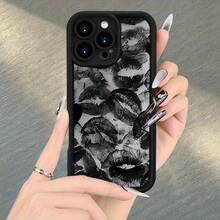 Funda de teléfono moderna y elegante, funda de teléfono Apple de borde alto con diseño único de impresión de labios negros difuminados, adecuada para  17 Air Pro Max y series:  11 12 13 14 15 16 16 15 14 13 12 11 Pro Max XS XR X 7 8 Plus SE. Regalo de Cumpleaños Ideal para Novias, Novios y Amigos Fundas Protectoras de Diseñador Lindas y Femeninas para Mujeres - 1 pieza - Ver 3