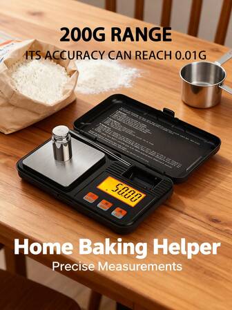  Multifunktionell elektronisk köksvåg, högprecisionsvåg för livsmedel, finns i två specifikationer: 200 g/0,01 g och 50 g/0,001 g, flera enhetsomvandlingar, livsmedelsvikten kontrolleras noggrant vid 0,01 g/0,001 g, kompakt och bärbar, lätt att bära, inkluderar tarafunktion och timerfunktion, lämplig för hemmamatlagning. Batteridriven (batterier ingår ej).