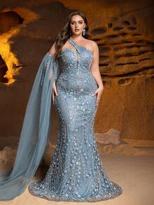 GIFORU Luxury Blue-Grey Beaded Gown With Attached Cape - One Shoulder Sequined Embroidery Dress For Red Carpet Events, Opera Galas And Evening Parties Wedding Spring - Dusty Blue - View 2