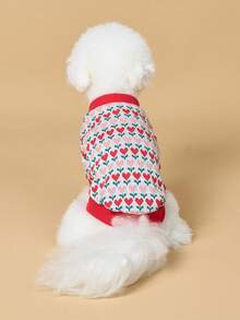 Pet Cardigan Sweater With Button Closure, Cute Heart Print, Warm For Cats & Dogs In Autumn/Winter - Red - View 5