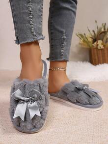 Women's Simple Casual Cute Bowknot Plush Slip-On Slippers, Lightweight Soft Sole Indoor House Slippers With Warm Lining, Suitable For Living Room And Bedroom, Spring/Autumn