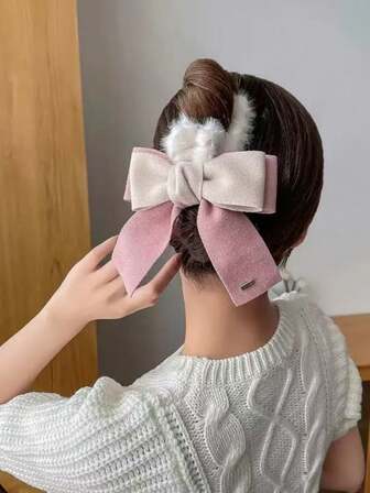 1 件蓬松大蝴蝶结发夹，带长丝带尾巴，时尚面料发夹，适合秋冬优雅爪夹冬季发饰时尚发夹