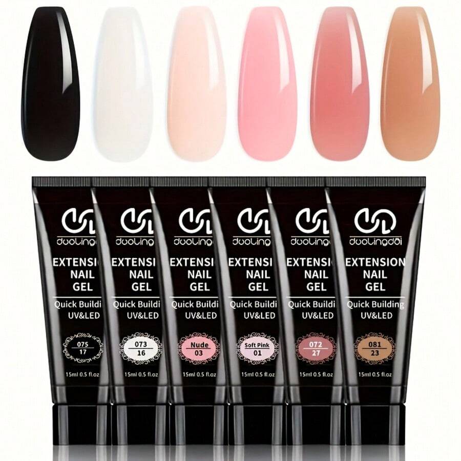 6 Colors Poly Nail Extension Gel Kit - All-Season Classic Colors (Pink, Black, White, Nude, Brown, Clear) With Builder Gel & Lamp - DIY Salon-Quality Manicure Set For At-Home Nail Art, Long-Lasting Wear, Easy Application, No Mixing Required, Ideal Gift For Nail Lovers - Professional & Personal Use, Salon Quality Nails, Highquality Polish, Durable Nail Polish, Color Nail Gel, Nail Builder, UltraGel, Winter Nails - 彩色 - 查看 1