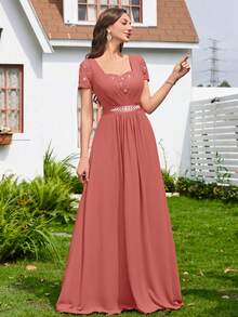 MIUSOL Đầm chiffon đính sequin, ren hoa, phối màu tương phản, cổ tim, thắt eo, viền bèo nhún, thích hợp làm đầm phù dâu, đầm dạ hội, đầm dự tiệc cưới mùa xuân. - Bụi hồng - Xem 7