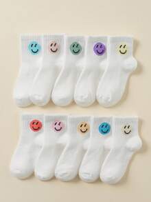 10 Pairs Kids Cute Smiling Face Patterned Mid-Calf Socks, Soft & Comfortable For Toddlers & Children - Multicolor - View 6