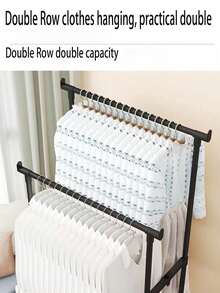 1pc Double Rod Wheeled Clothes Drying Rack With Multi-Layer Storage, Lightweight Luxury Hanging Garment Rack With Rolling Wheels For Bedroom Home Indoor Laundry Organization, Heavy Duty Portable Coat Stand Rack For Commercial Space Closet Storage Solution - Black - View 7