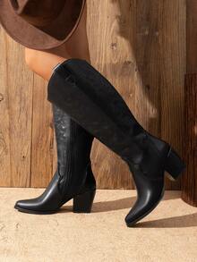 Western Embroidered Knee High Boots For Women, Pull On Zipper Chunky Heel Comfortable Pointed Toe  Wide Calf Cowgirl Cowboy Boots - màu đen - Xem 2