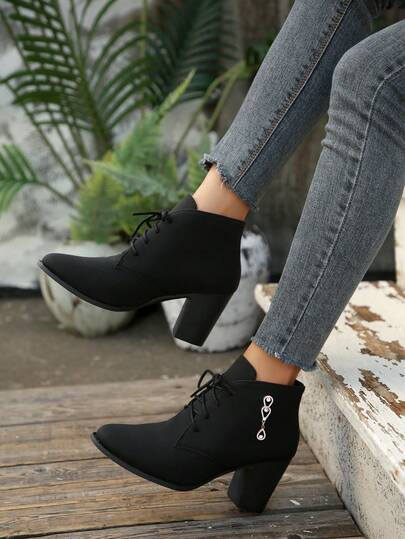 2025 Autumn/Winter New Pointed Toe Chunky Heel Lace-Up Boots, Women's Comfortable Boots, Work Boots, Chelsea Boots, Fashionable Casual Versatile Ankle Boots