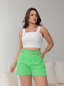 Women's Tailored Shorts With Belt And Pocket Thin Belt - 青檸色 - 查看 2