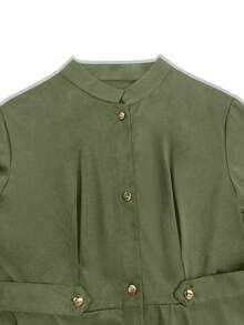 大码女士优雅长袖连衣裙，时尚纯色纽扣设计，适合通勤、商务、节日、秋冬春季穿着。 - 軍綠色 - 查看 5